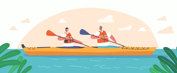 Kayaking Rafting Sport Travel Competition Man Woman Life Vest Rowing — Vetor de Stock