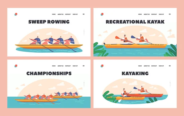 Kayaking Canoeing Rafting Sport Leisure Landing Page Template Set Sportsmen — Stock Vector