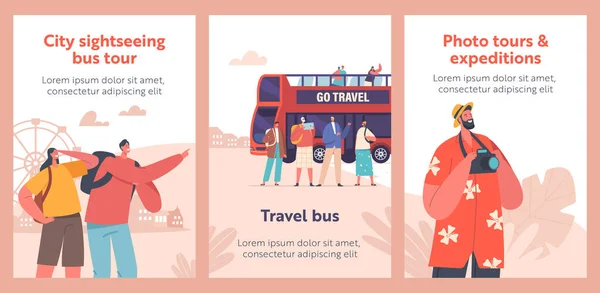 Travel Tourism Banners City Bus Tour Double Decker Tourists Group — Vetor de Stock