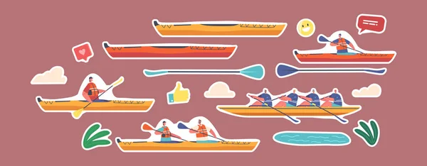 Set of Stickers Kayaking, Canoeing or Rafting Sport. Sportsmen Rowing in Kayaks, Extreme Activity, Water Sports Games Dual Team Rowing. People Row In Boat with Paddles. Isolated Cartoon Vector Patches