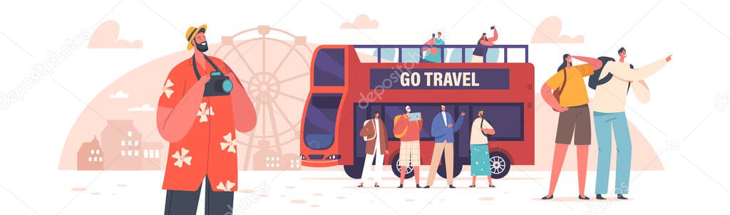 Group Of Tourists Travel on Bus. Kids, Young And Senior Characters Visiting Sightseeing, People In Casual Clothes Standing Near Red Double-decker Autobus Vehicle. Cartoon People Vector Illustration