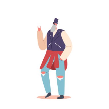 Rocker Outfit 'te moda emeklisi. Yaşlı Gri Saçlı Sakallı ve Bıyıklı Erkek Karakteri. Modaya uygun Ragged Jeans, Top Hat. Şık, modern, kıdemli adam. Çizgi film İnsanları Vektör İllüstrasyonu