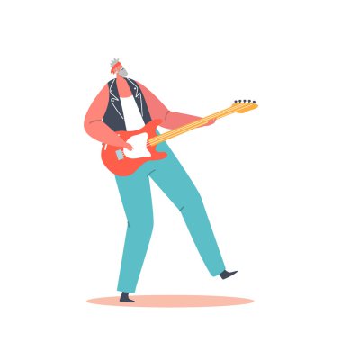 Elderly Rock Guitarist Performing Music Concert. Grandfather Playing on Electric Guitar during Punk Festival, Senior Artist Man with Amp, Aged Male Character Rocker. Cartoon People Vector Illustration