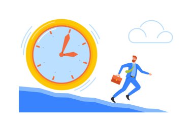 Deadline, Lack of Time, Work Stress Concept. Business Man Escape from Huge Clock Rolling Down from Mountain. Anxious Businessman Character Run with Briefcase in Hands. Cartoon Vector Illustration