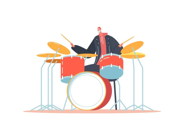 Excited Senior Drummer Playing Hard Rock Music Sticks Drum Kit — Stockvector