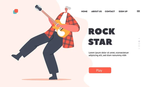 Rock Star Landing Page Template Grandmother Guitarist Playing Electric Guitar — ストックベクタ