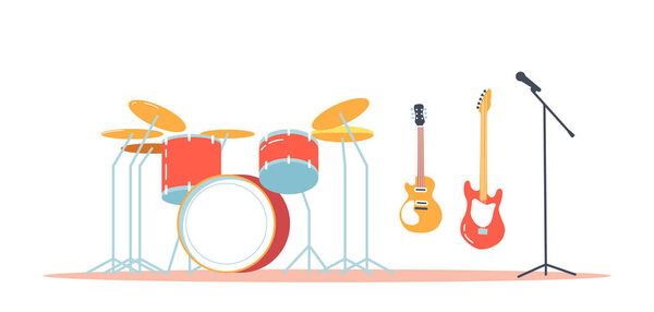 Musical Instruments Drum Kit, Electric Guitars and Floor Microphone, Professional Equipment for Rock Music Band and Stage Performance, Modern Instruments. Cartoon Vector Illustration