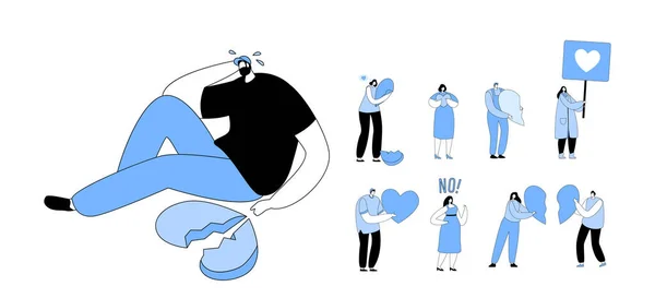 Set Characters Broken Heart Depressed Heartbroken Man Sitting Ground Crying — Image vectorielle