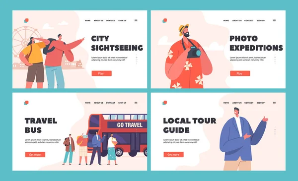 Group Tourists Travel Bus Landing Page Template Set Characters Visiting — ストックベクタ