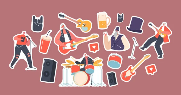 Set Stickers Seniors Rock Band Pensioners Performing Music Electric Guitars — Archivo Imágenes Vectoriales