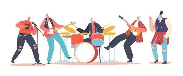 Seniors Rock Band Performing Stage Electric Guitars Drum Nyugdíjasok Music — Stock Vector