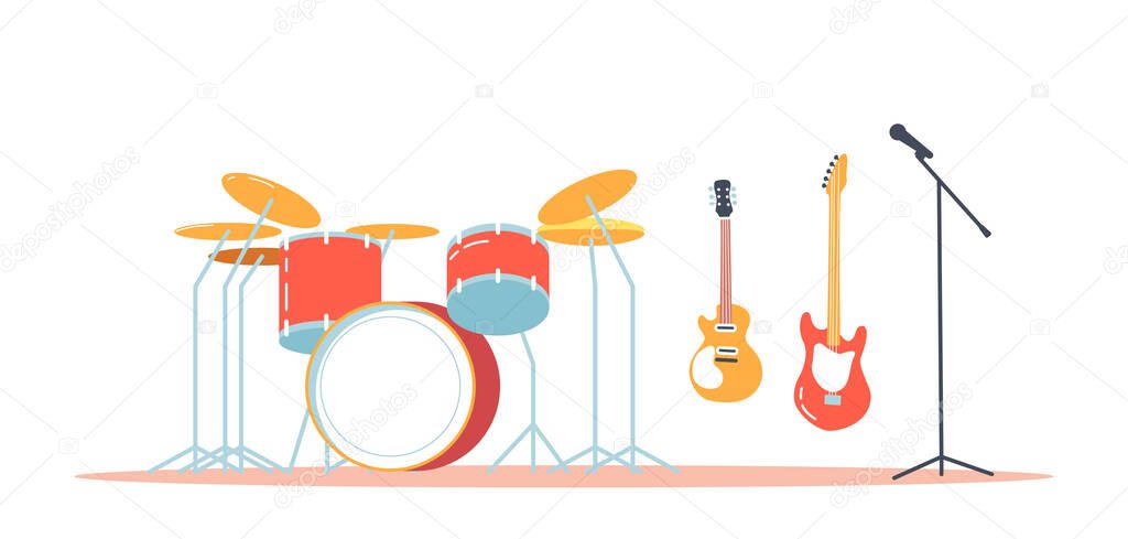 Musical Instruments Drum Kit, Electric Guitars and Floor Microphone, Professional Equipment for Rock Music Band and Stage Performance, Modern Instruments. Cartoon Vector Illustration