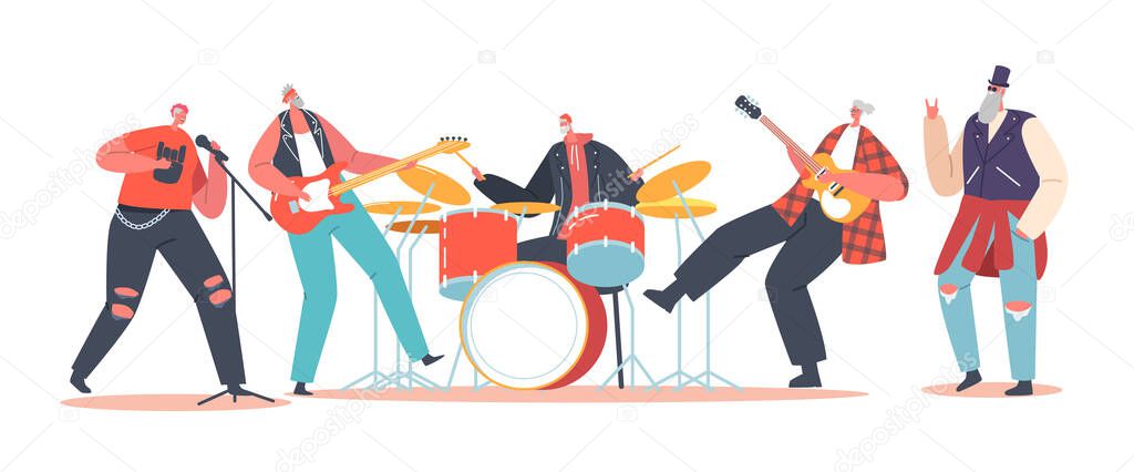 Seniors Rock Band Performing on Stage with Electric Guitars and Drum, Pensioners Music Concert. Old Artists Characters in Rocking Outfit with Musical Instruments. Cartoon People Vector Illustration