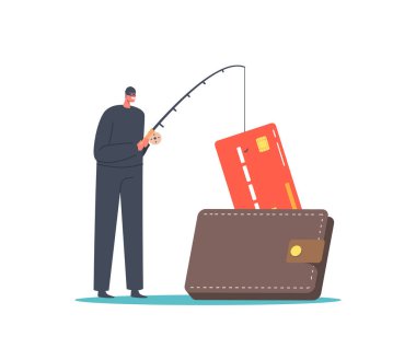 Tiny Hacker Male Character with Rod Pull Credit Card from Huge Purse. Fraud Phishing Data and Steal Money in Internet, Email Spoofing or Fishing Messages, Hacking. Cartoon People Vector Illustration