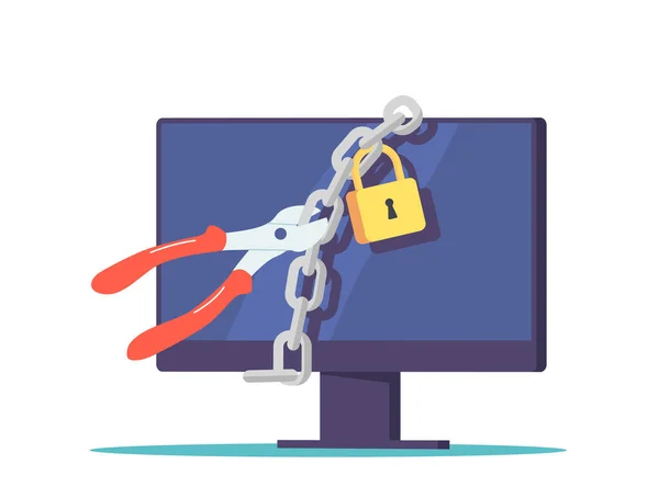 Computer Monitor Cutters Cut Chain Hanging Padlock Screen Phishing Hacker — Vettoriale Stock