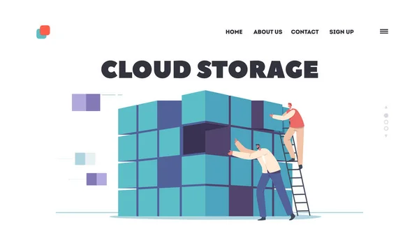 Cloud Storage Landing Page Template Tiny Characters Computation Big Data — Stok Vektör