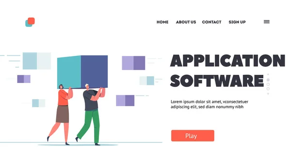 Application Software Landing Page Template Tiny Professional Engineer Characters Carry — Stockvektor