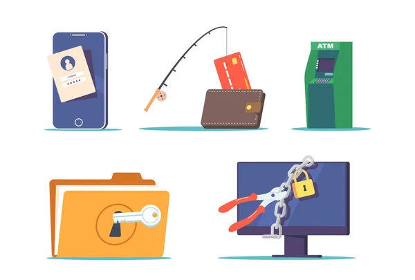 Set Cyber Crime Computer Screen Cutters Cut Padlock Credit Card — Διανυσματικό Αρχείο