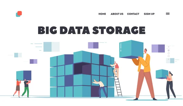 Big Data Storage Landing Page Template Tiny Web Technicians Characters — Stockový vektor