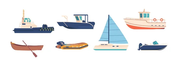 Set Ships Boats Different Types Isolated White Background Yacht Wooden — 图库矢量图片