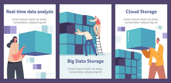 Big Database Cloud Storage Real Time Analysis Cartoon Banners Tiny — Stockový vektor