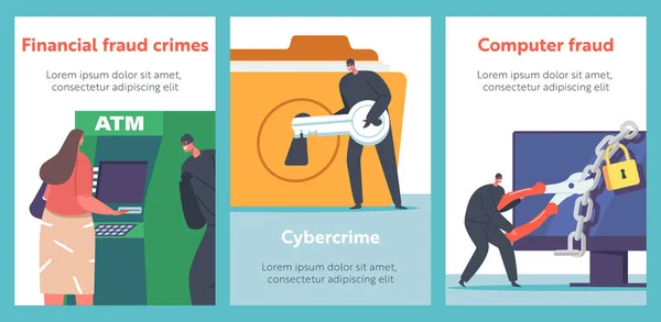 Financial Fraud Crimes Cartoon Banners Hackers Cyber Criminals Stealing Private — 스톡 벡터