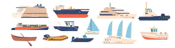 Set Ships Boats Isolated White Background Marine Vessels Different Types — Image vectorielle