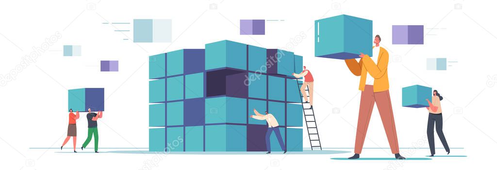 Big Database Storage Management. Tiny Web Technicians Characters Using Network Data Base Interface And Interacting With Big Data Server Futuristic Technologies. Cartoon People Vector Illustration