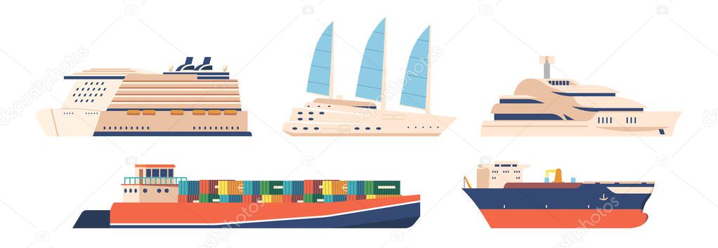 Set of Ships and Nautical Boats Isolated on White Background. Marine Vessels of Different Types. Luxury Cruise Liners, Maritime Transportation Modes for Cargo Shipping. Cartoon Vector Illustration