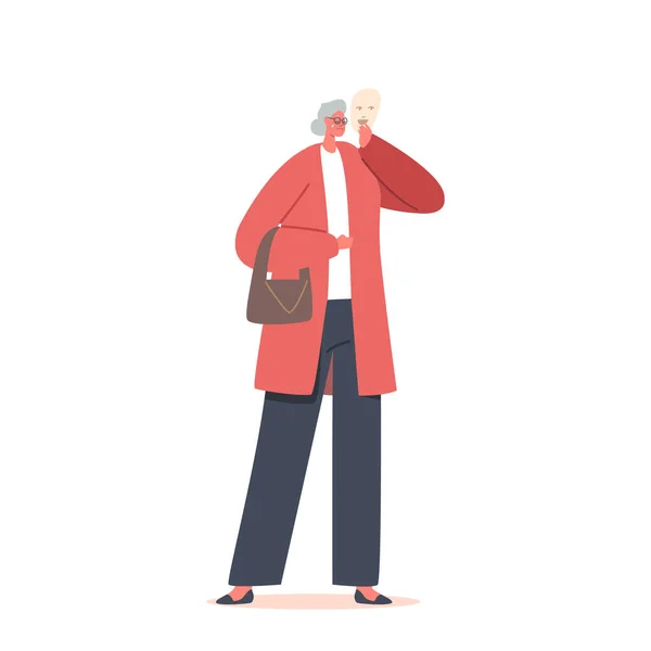 Sad Senior Woman Covering Crying Face Smiling Mask Expressing Emotion — Stok Vektör