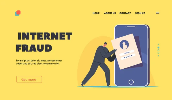 Internet Fraud Landing Page Template Tiny Anonymous Hacker Attacking Huge — ストックベクタ