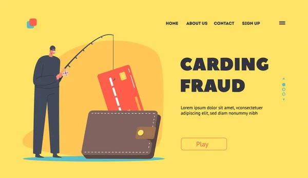 Carding Fraud Landing Page Template Tiny Hacker Male Character Rod — Stockvektor