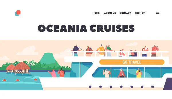 Oceania Cruises Landing Page Template People Cruise Liner Deck Seascape — стоковый вектор