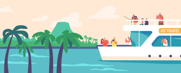 Summertime Vacation Journey Nautical Passenger Vessel People Cruise Liner Deck — Stok Vektör