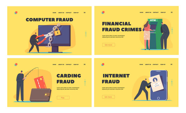 Hackers Cyber Crimes Landing Page Template Set. Criminals Phishing, Stealing Private Personal Data, Credentials, Password, Bank Document, Email And Credit Card in Computer. Cartoon Vector Illustration