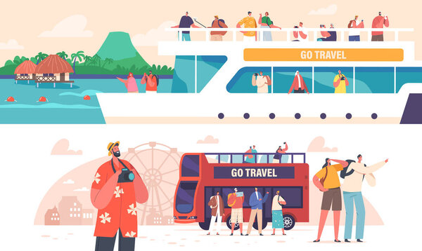People Travel On Cruise Liner and Bus. Characters with Photo Cameras on Boat Deck With Seascape View, Summer Vacation Journey On Passenger Vessel and Autobus. Cartoon Vector Illustration