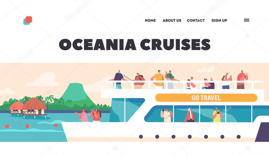 Oceania Cruises Landing Page Template. People On Cruise Liner Deck with Seascape View, Tropical Nature and Dwellings, Characters Summer Relax On Ship In Ocean Journey. Cartoon Vector Illustration