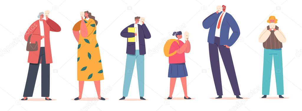 Set of Male and Female Characters Hiding Faces Behind Social Masks With Fake Positive Emotions. Sad Men, Women and Kids Disguising Real Emotions and Feelings. Cartoon People Vector Illustration