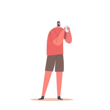 Akıllı telefonlu bir erkek karakteri. İnternet Eğlencesi, Sms Yazan İzole Genç Adam Sosyal Medya Ağı 'nda İletişim, Sitede Video İzleme, Sohbet Etme veya Çıkma. Çizgi film Vektör İllüstrasyonu