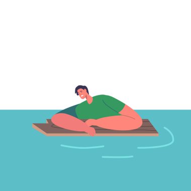 Bitkin Erkek Karakter Batık 'tan sonra Denizde Yüzüyor. Okyanusta Hayatta Kalmaya Çalışan Adam Kazadan Sonra Su Yüzeyi Üzerinde Tahta Plank Yüzüyor, Felaket. Çizgi film İnsanları Vektör İllüstrasyonu