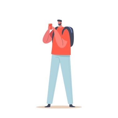 Man Tourist with Shooting Sightseeing in Foreign Trip on Smartphone Camera. Male Character Travel, Photographer wear Summer Clothes Isolated on White Background. Cartoon People Vector Illustration