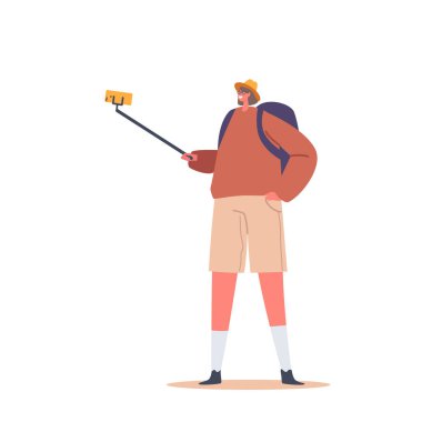 Young Woman with Backpack and Making Selfie on Smartphone Isolated on White Background. Traveler, Tourist Female Character Travel with Rucksack on Summer Vacation. Cartoon People Vector Illustration
