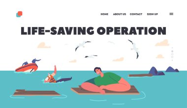Life Saving Operation Landing Page Template. Exhausted Character Swim in Sea after Shipwreck. Man Trying to Survive in Ocean Floating on Wooden Plank after Accident. Cartoon People Vector Illustration