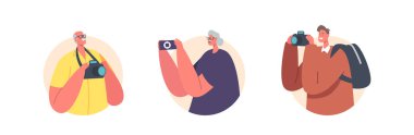 Tourists Characters with Rucksacks, Photo Camera and Smartphone. Senior and Young Man and Woman Isolated Icons or Avatars. Travelers Hiking Adventure, Vacation Trip. Cartoon People Vector Illustration
