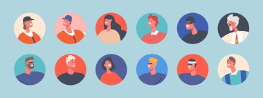 Görseller, Yetişkinler ve Çocuklar Erkek veya Kadın Karakterleri. Kısa ve Uzun Saçlı, Sakallı, Sarışın ve Esmer Portreli Erkek veya Kadınlar. Çizgi film Vektör İllüstrasyonu, İzole Yuvarlak Simgeler