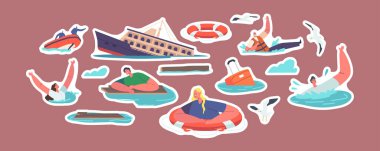 Set of Stickers Shipwreck and Sinking People Trying to Survive in Ocean, Shipwrecked Ship, Gulls, Rescuers on Boat, Characters after Sea Accident, Catastrophe. Cartoon Vector Illustration, Patches