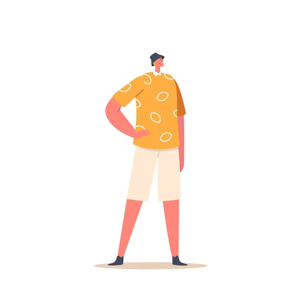 Single Male Character Wear Yellow Shirt Hat Beige Shorts Isolated — стоковый вектор