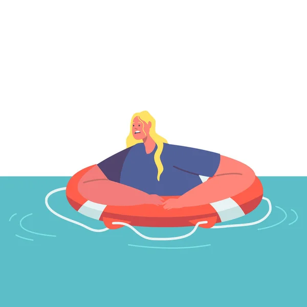 Shocked Exhausted Woman Swim Lifebuoy Trying Survive Ocean Shipwreck Female — Vector de stock
