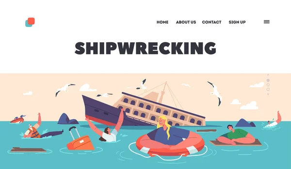 Shipwrecking Landing Page Template People Trying Survive Ocean Sinking Ship — Stock vektor