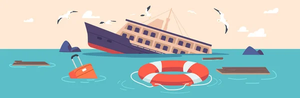 Shipwreck Accident Catastrophe Concept Sunken Cruise Ship Ocean Old Passenger — стоковый вектор